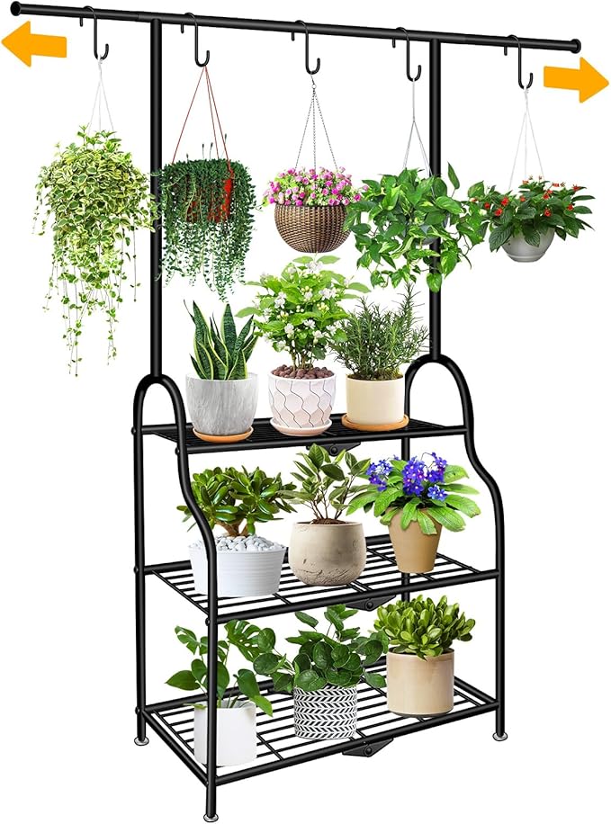 3 Tier Metal Plant Stand Indoor Outdoor, Heavy Duty Metal Hanging Plant Shelf for Multiple Flower Planter Holder, Tall Plant Holder with Plant Hanger for Garden, Living Room, Balcon