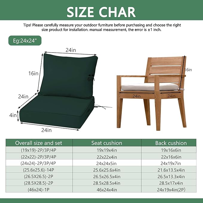Outdoor Chair Cushions 3 Set,24 x 24 x 5IN, Patio Deep Seat Cushion for Patio Furniture, Waterproof & Fade Resistant Thick Deep Seating Pads for Outside Wicker Ratten Chair Sofa Couch,Dark Green