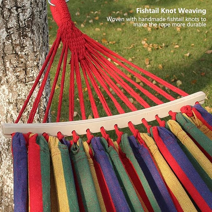 Cotton Canvas Tassel Hammock, Double Boho Hammocks with Macrame Fringe, Portable Camping Indoor Outdoor Garden Hammock Swing with Travel Bag, 150kg Load Capacity Pink Stripes