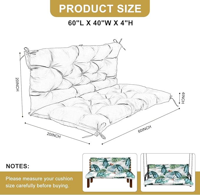 60" Porch Swing Cushion with Backrest, Waterproof Outdoor Bench Swing Cushions 3 Seater Replacement Thickened Swing Cushions with Ties for Patio Garden Backyard,Hawaiian Flower,60x40in