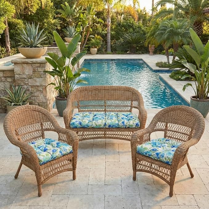 RSH DECOR: 3-Piece Wicker Tufted Cushion Set | 44" x 22" Loveseat & 22" x 22" U-Shapes | Outdoor Replacement Cushions | Water & Fade-Resistant Spun Fabric | Made in USA (Bettina Garden)