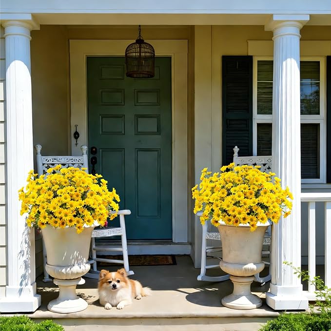 16 Bundles Silk Daisy Artificial Flowers for Outdoors UV Resistant Fake Daisies Plastic Plants Flower for Home Outside Front Door Porch Garden Patio Planters Decoration (Yellow)