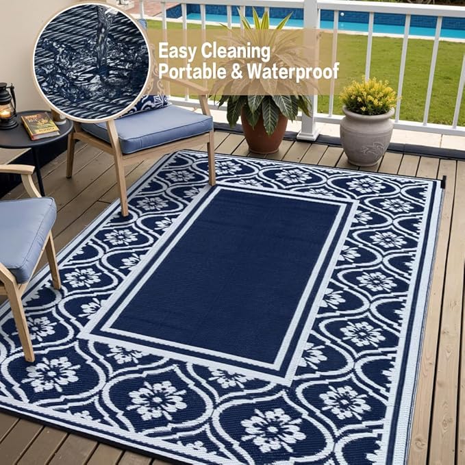 HUGEAR Outdoor Patio Rug 3'x5' Waterproof Outside Area Rugs Blue Reversible Plastic Straw Carpet for RV Deck Camping Entryance Porch Picnic Balcony Beach