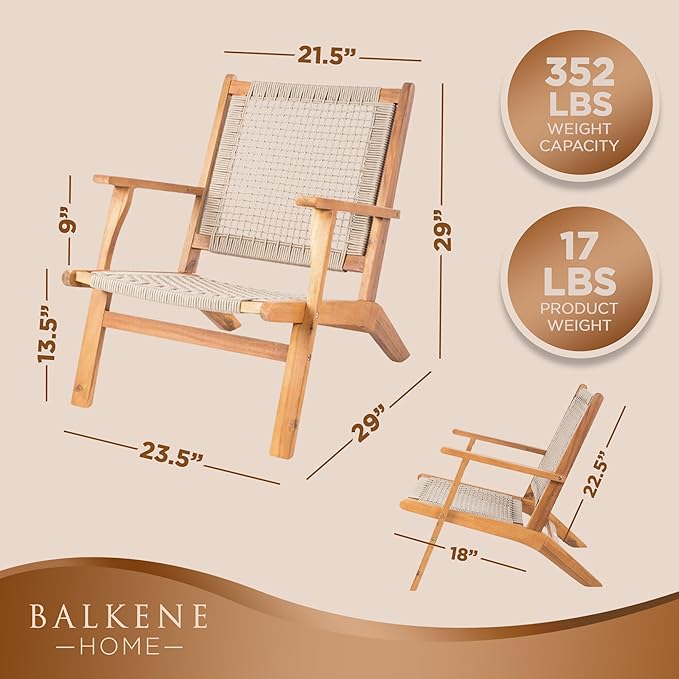 Balkene Home 63635 Vega Natural Stain Outdoor Chair Acacia Wood Construction Woven Web Seat Mid Century Design Comfortable Reclining Armchair Patio Lawn Garden Backyard Deck - Gray Cording