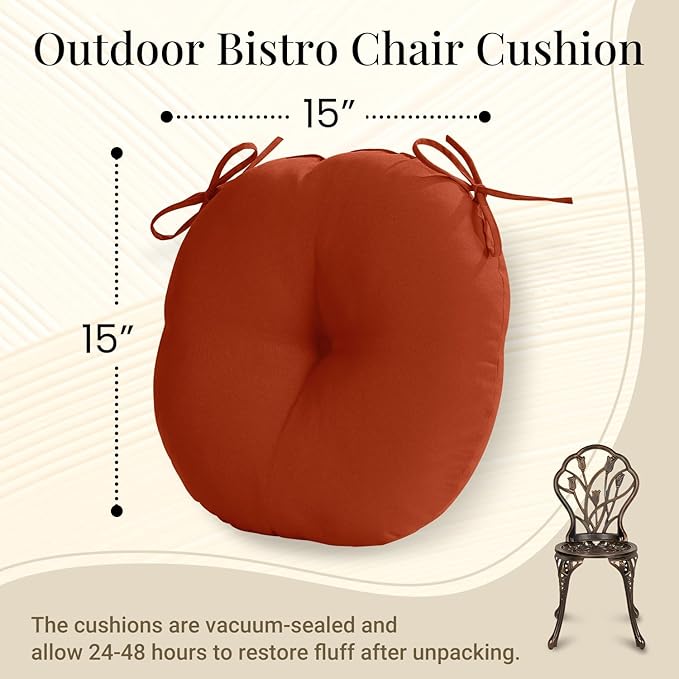 downluxe Bistro Chair Cushions for Patio Furniture, Water-Resistant Round Outdoor Chair Cushions Set of 2 with Non-Slip Ties, 15" x 15", Brick Red