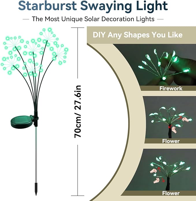 Solar Garden Lights 2 Pack Waterproof Swaying Starburst Light Solar Outdoor Lights for Yard Patio Walkway Pathway Party Wedding Decoration, Unique Gifts for Women, Green
