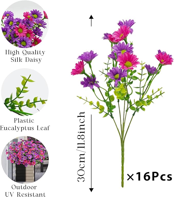 16 Bundles Silk Daisy Artificial Flowers for Outdoors UV Resistant Fake Daisies Plastic Plants Flower for Home Outside Front Door Porch Garden Patio Planters Decoration (Double Purple)