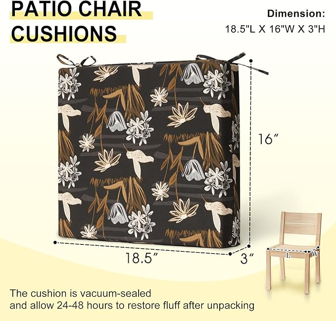 downluxe Outdoor Chair Cushions Set of 4 for Patio Furniture, Water-Resistant Square Corner Patio Chair Cushions with Ties, High Density Foam Outdoor Seat Cushion, 18.5" X 16" X 3", Nightbird