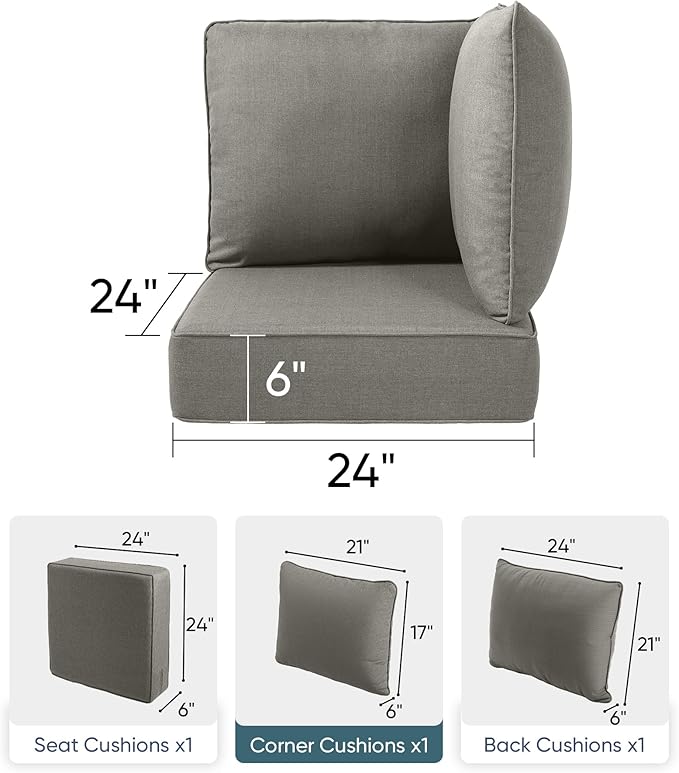Luxury 24x24x6 Outdoor Corner Cushion 1 Set - Water-Repellent 3-Piece Cushion Set with Zipper for Outside Rattan Wicker Sofa Loveseat Chair Sectional Patio Conversation Sets - Grey/Classic