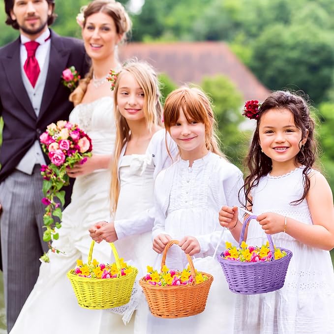 Barydat 6 Pcs Small Wicker Picnic Basket with Handle Flower Girl Baskets Oval Willow Woven Braided Gift Basket for Easter Weddings Baby Shower Home Garden Decor (Colorful,9" x 7" x 4")