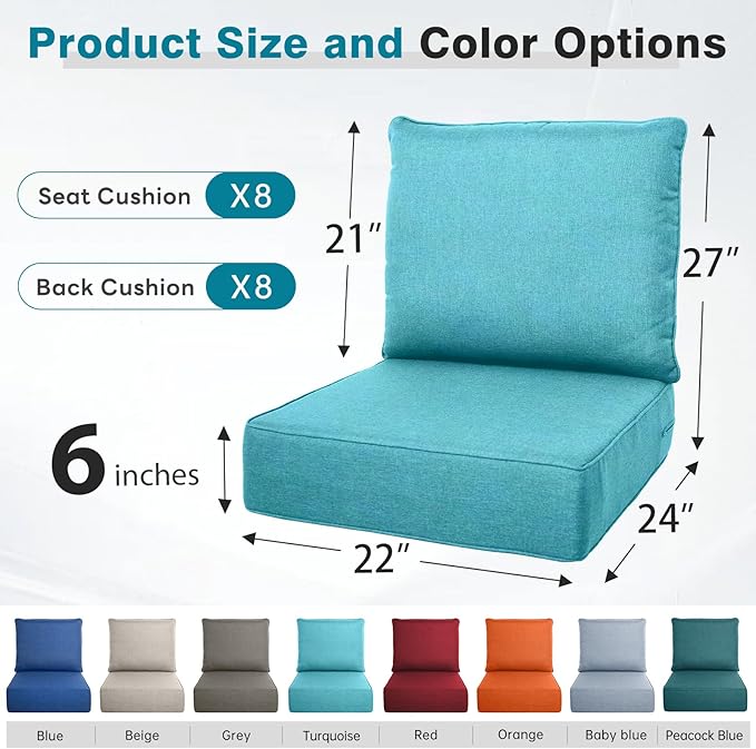 Belord Luxury 6" Thick Outdoor Cushion 8 Set - 22 x24 Inch 28D Sponge Filling Fade-Resistant Chair Cushion, Spill Proof Removable Patio Furniture Replacement Cushion for Sofa Bench Swing - Turquoise