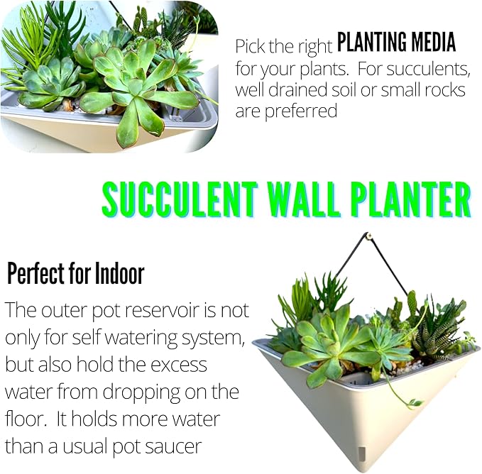 LaLaGreen Wall Planters for Indoor Plants - 2 Pack, 12 Inch Large Self Watering White Geometric Hanging Flower Vase Vessel with Metal Hanger, Modern Stylish Wall Mounted Succulent Pot Holder Decor