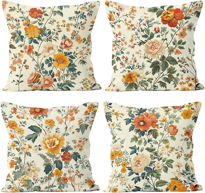 Flower Pillow Covers 18x18 inch Set of 4, Vintage Colorful Botanical Garden Rustic Elegance Throw Pillows Cover Sofa Couch Pillow Cases for Farmhouse Indoor Home Decor Decorations