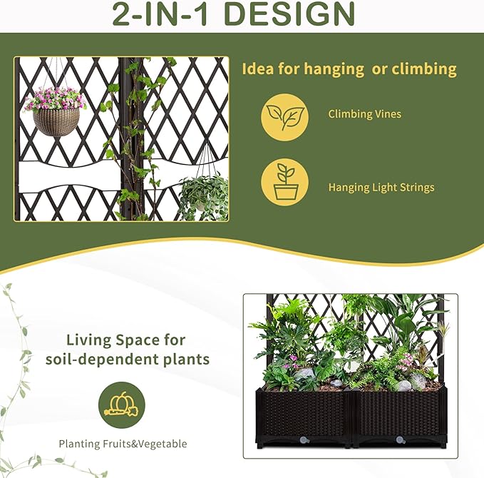 Outvita 31" x 16" x 48" Raised Garden Bed with Trellis ＆ Drainage Holes, Free-Standing Trellis Planter Box, Outdoor Floor Plant Bed for Vine Climbing Plants and Flowers in Garden Patio Balcony(Brown)