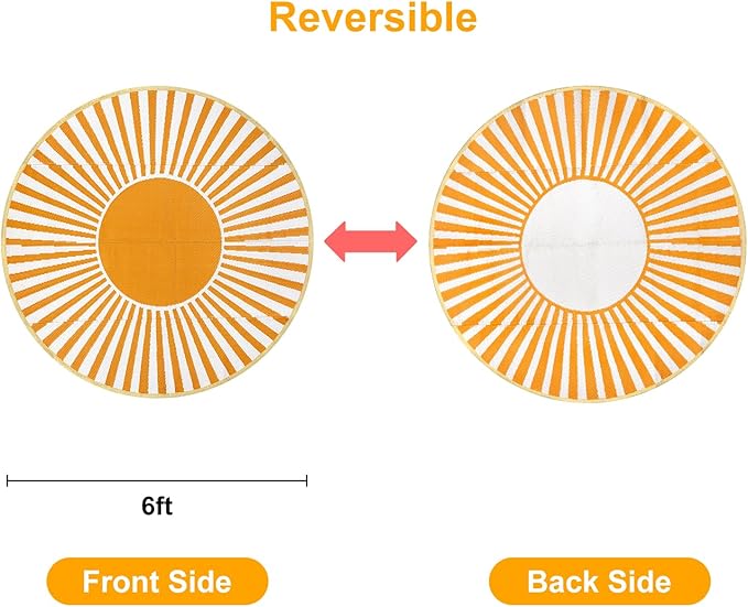 Anidaroel Round Outdoor Rugs 6ft for Patios Clearance, Waterproof Reversible Plastic Straw Patio Rug, Outside Area Rug Floor Mat for Backyard, Porch, Balcony, Pool Deck, RV Camping, Picnic(Orange,6ft)