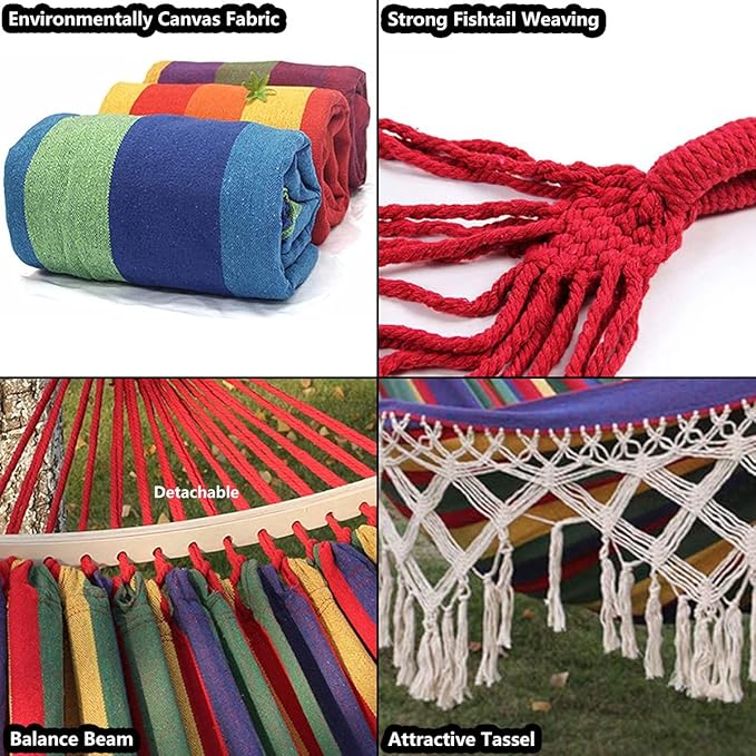 Cotton Canvas Tassel Hammock, Double Boho Hammocks with Macrame Fringe, Portable Camping Indoor Outdoor Garden Hammock Swing with Travel Bag, 150kg Load Capacity Pink Stripes