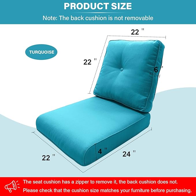 Outdoor Chair Cushions 7 Sets - 22*24" Patio Furniture Cushion with Removable Cover, 28D High Density Sponge Filling Outdoor Patio Cushion for Chair, Rocker, Sofa and Loveseat - Light Blue