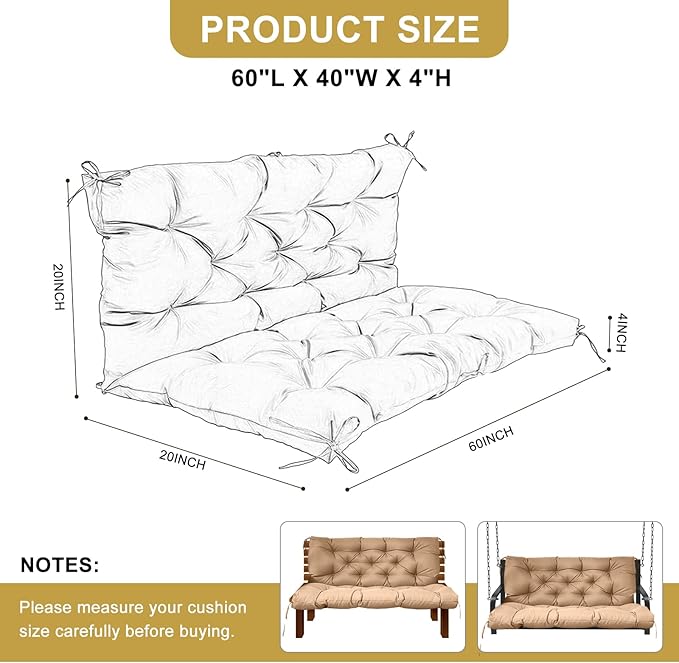 60" Porch Swing Cushion with Backrest, Waterproof Outdoor Bench Swing Cushions 3 Seater Replacement Thickened Swing Cushions with Ties for Patio Garden Backyard,Khaki,60x40in
