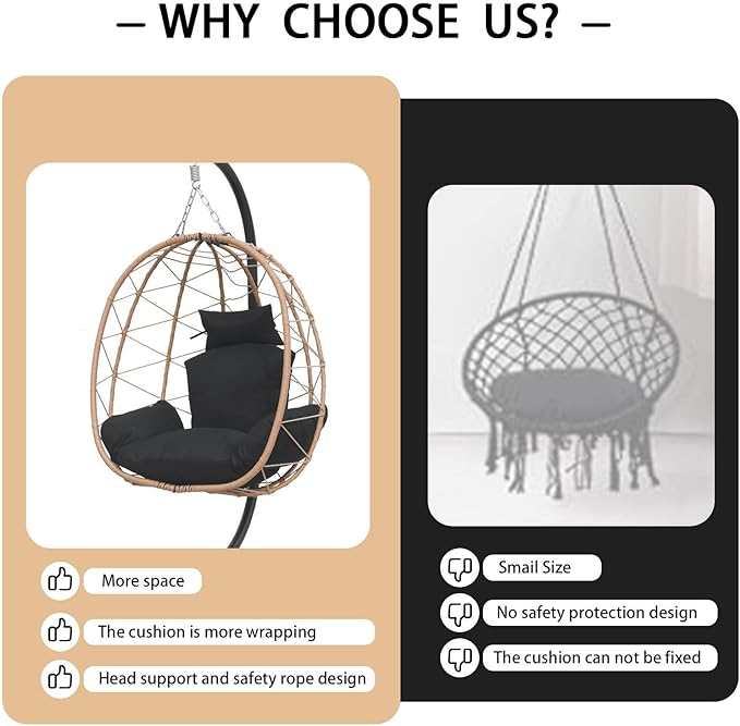 Hanging Egg Chair with Stand Indoor Swinging Chair Outdoor Hammock Egg Chair for Patio, Bedroom, Garden and Balcony (Black, Small)