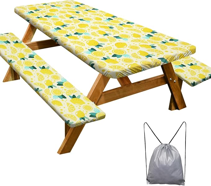 Picnic Table Cover with Bench Covers 6FT 3 Pcs Waterproof Windproof Aesthetic Camping Tablecloth with Drawstring Bag, Fitted for 6 Foot Rectangle Tables and Seats, 72 inch, Yellow Lemon