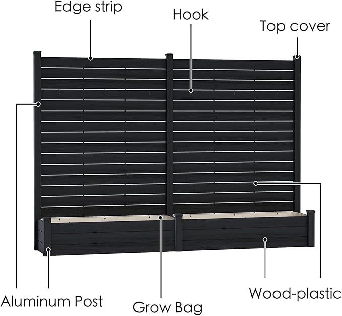 Kozyard 2Pack Privacy Screen with Planter, 70" H x 51" W Outdoor Garden Screen, Waterproof Aluminum Frame with Thick Wood-Plastic Boards, Decorative Privacy Screen for Patio, Balcony & Backyard Gray