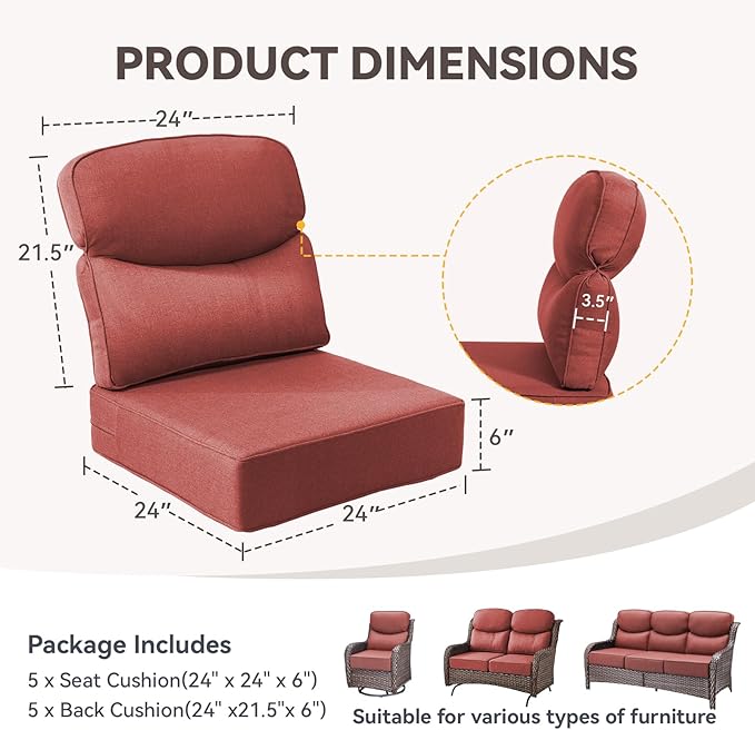 Outdoor Cushion Set for Patio Furniture, UV Resistant, Water Resistant - 6 Inch Thick Dual Layer Back Support Cushions– 24x24 Inch Patio Seat Covers for Chair/Sofa/Couch | Red | 5-Pack |