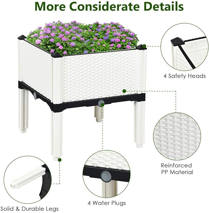 Giantex Raised Garden Bed, Set of 4 Planter Raised Beds Kits with Drain Holes for Fruit Flowers Vegetables, Outdoor Elevated Planting Box for Lawn Patio Balcony, Easy Assembly, Rattan-Like Look, White