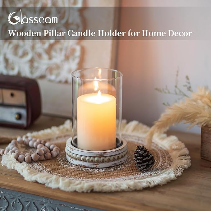 Glasseam Hurricane Glass Candle Holders, Rustic Pillar Candle Holder Set of 2, Farmhouse Candle Holders for Table, Cylinder Candle Holder with Beaded Candle Plates for Dining Living Room Decorations