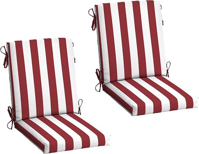 Arden 2-Pack Outdoor Patio Dining Chair Cushion, 20x44, Rain-Proof Seat Pad, Fade-Resistant Outdoor Cushion Ruby Red Cabana Stripe