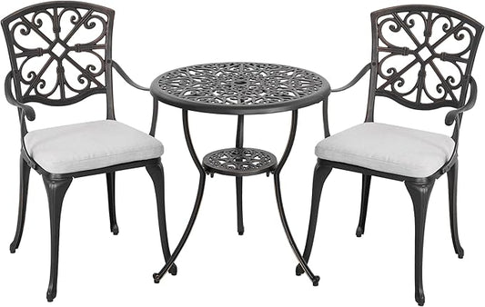NUU GARDEN Bistro Set 3 Piece Outdoor Cast Aluminum Patio Table and Chairs Set of 2 with Umbrella Hole and Grey Cushions for Backyard, Balcony, Lawn, Black