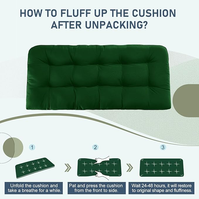 downluxe Outdoor Bench Cushion for Patio Furniture, Waterproof Tufted Overstuffed Porch Swing Cushions, Thick Outdoor Loveseat Cushions, 48" X 18" X 5", Forest Green, Set of 1