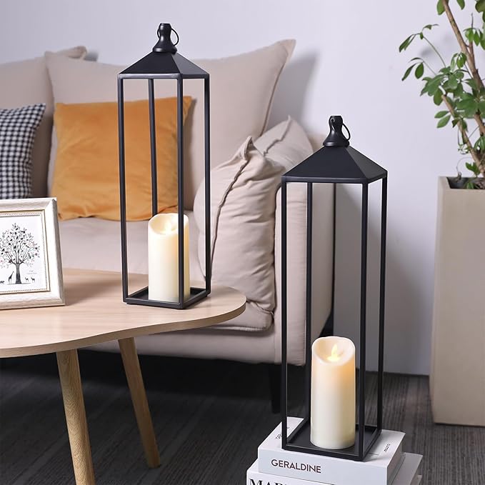 22'' 19'' Large Lanterns Decorative Outdoor Indoor, Set of 2 Black Metal Candle Lanterns Modern Farmhouse Floor Lanterns Decorative for Home Decor, Mantle, Fireplace, Patio, Porch, Garden