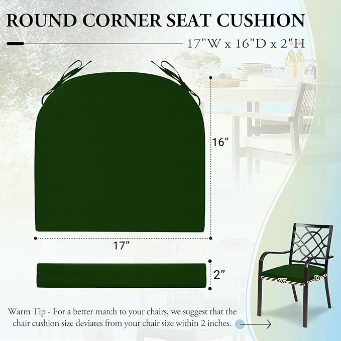 Wellsin Outdoor Chair Cushions for Patio Furniture - Patio Chair Cushions Set of 6 - Water Resistant Round Corner Outdoor Seat Cushions 17"X16"X2", Forest Green