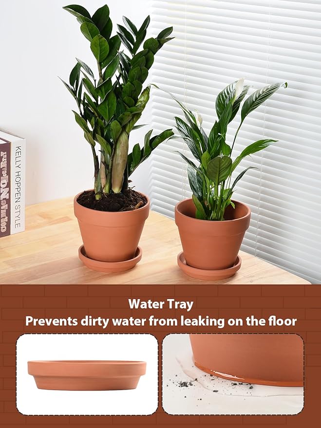 INGOFIN Terracotta Pots Set with Saucer - 2-Pack Ceramic Clay Planters with Drainage Hole, Garden Flower Succulent Pots with Tray for Indoor Outdoor Plants, 8 inch, Set of 2