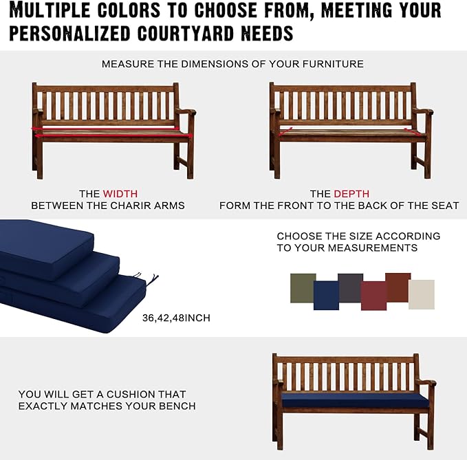 Outdoor Bench Cushion 42 x 18 x 4 Inch, Memory Foam Patio Bench Cushion for Outdoor Furniture Waterproof, Porch Swing Pad with Handle and Adjustable Strap, Navy