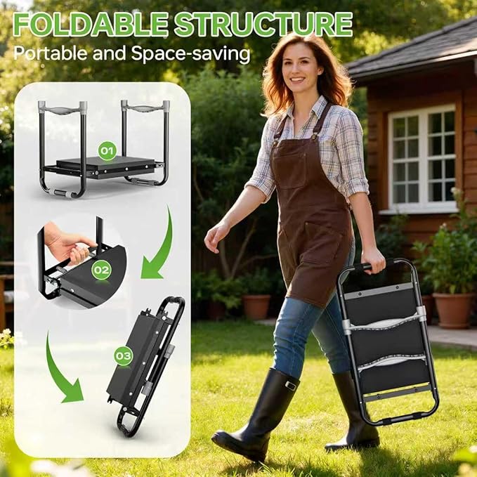 Garden Kneeler and Seat, Foldable Ergonomic Kneeling Bench with Tool Pouch 400 Lbs Heavy Duty 2-in-1 Comfortable Cushioned Kneeling Chair for Gardening Yard Work (Black)