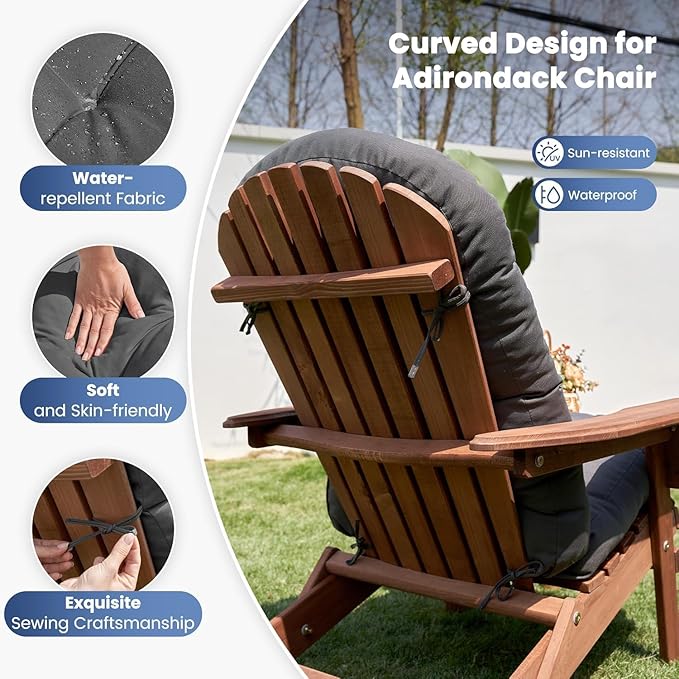 Amopatio Adirondack Chaise Lounge Cushions 4" Thick Set - Outdoor Chair Cushions for Patio Furniture, Contoured Design with Anti-Slip Straps & Water-Resistant Fabric for Adirondack Chairs, Dark Gray