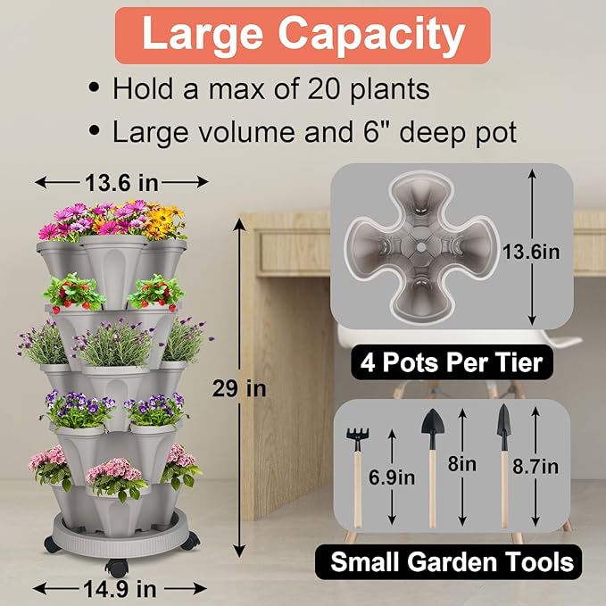Strawberry Planter 5 Tier Stackable Planters - Vertical Garden Planting Tower Planters for Herb, Flower, and Vegetable Planter Indoor Outdoor Gardening Pots with Removable Wheels and Tools, Gray