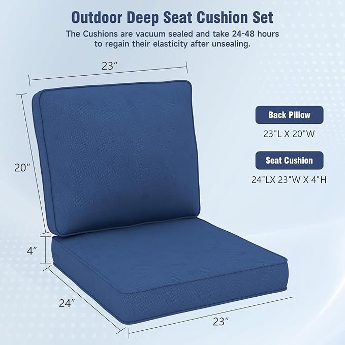 Outdoor Chair Cushions 23" x 24" x 4", Patio Deep Seat Replacement Cushions Set with Zippered Removable Cover, Weather-Resistant Olefin Fabric for Garden Chair Sofa Couch, Blue