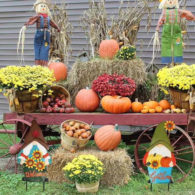 PHITRIC Fall Decorations for Home Outdoor, 2 Pcs Metal Gnome Decorative Garden Stakes with Pumpkins Sunflower for Fall Decor, Yard Signs for Garden Home Lawn Patio Thanksgiving Decorations