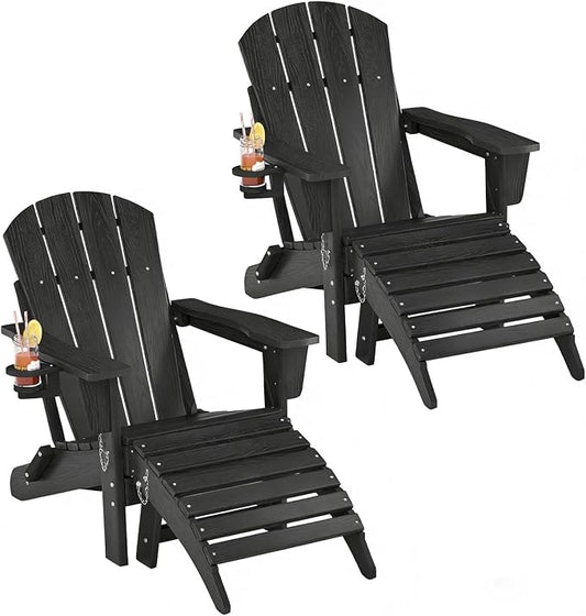 Folding Adirondack Chair Set of 4 with Ottoman, All-Weather HDPE Outdoor Chair, Wooden Textured with Cup Holder for patios, Decks, Gardens, fire pits, Black