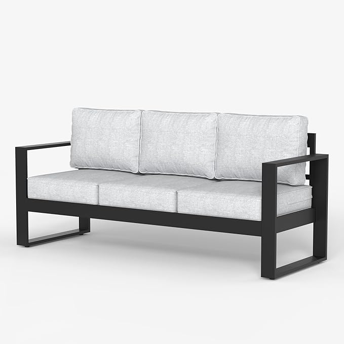 LayinSun Outdoor Patio Aluminum Sofa, Metal Modern 3-Seat Couch with Washable Thick Cushions