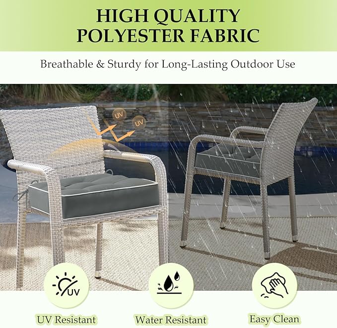 HARBOREST Outdoor Chair Cushions Set of 2, Tufted Patio Chair Cushions with Ties, Square Corner Outdoor Cushions for Patio Furniture, Lawn Chairs, Wicker Chairs, 19" x 19" x 5", Grey