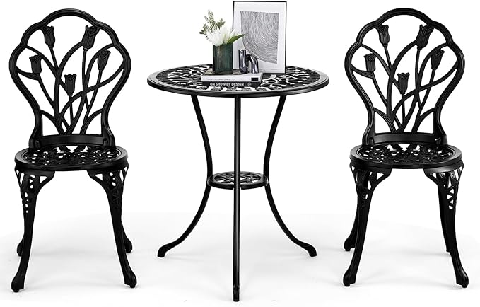 Outvita Patio Table and Chairs Set, Cast Aluminum Outdoor Cafe Table and Chairs Set of 3, Stability Patio Bistro Sets with Umbrella Hole for Garden, Patio, Balcony, Tulip Pattern Black