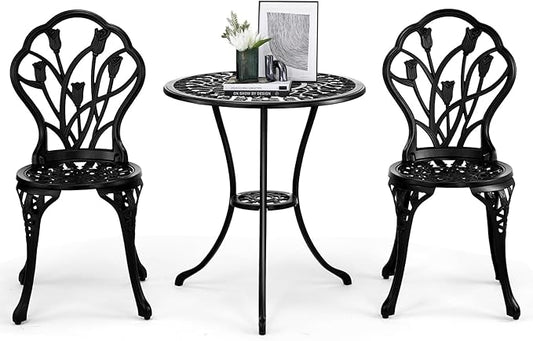 Outvita Patio Table and Chairs Set, Cast Aluminum Outdoor Cafe Table and Chairs Set of 3, Stability Patio Bistro Sets with Umbrella Hole for Garden, Patio, Balcony, Tulip Pattern Black