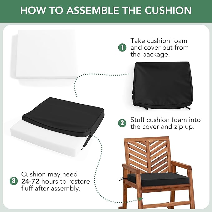 Outdoor Chair Cushions Set of 2: Waterproof & Fade Resistant Seat Cushion for Patio Furniture - 18.5 x 16 x 2 Inch Chair Pads with Ties and Hidden Zipper - Patio Chair Cushion Replacement, Black