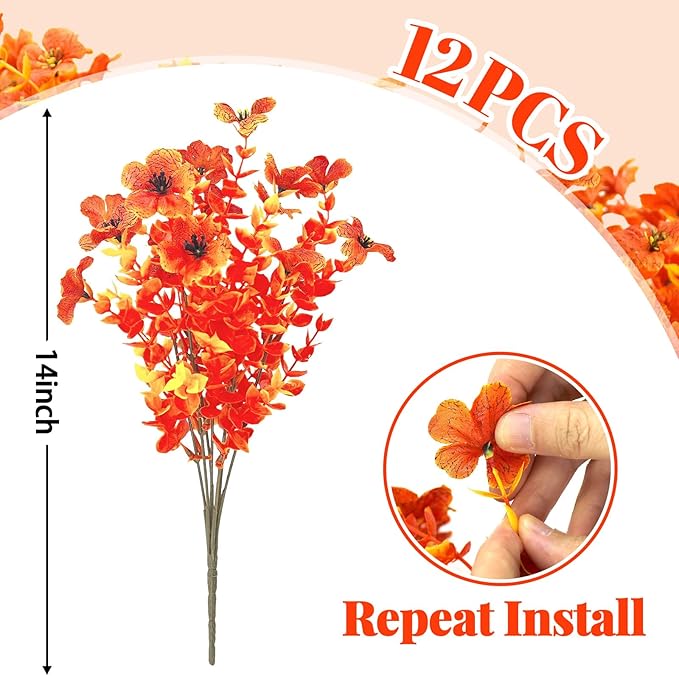 12 Bundles Artificial Fall Fake Mums for Outdoor, Autumn Faux Mums Flowers UV Resistant Plastic Greenery Garden Porch Patio Fall Thanksgiving Home Decor