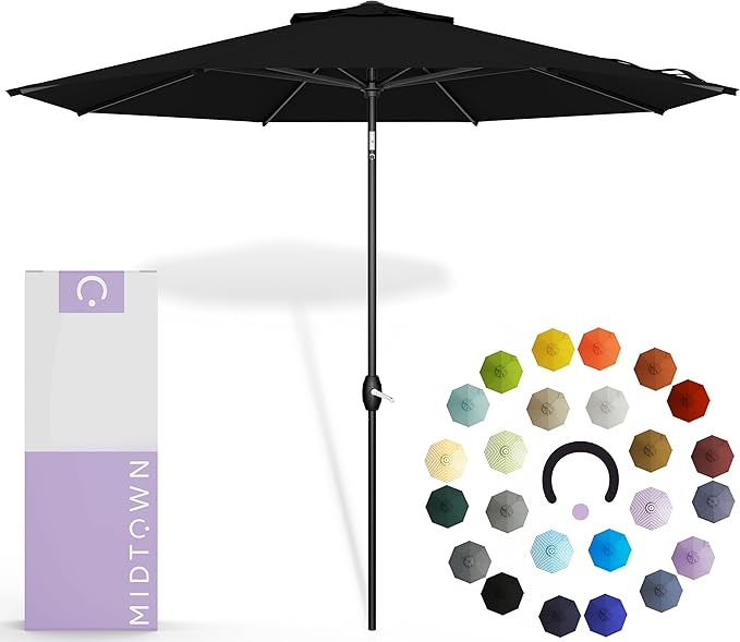 Midtown Umbrellas - 10-Year-No-Fade 6 Ft Patio Umbrella with Terylast Fabric, Auto-Tilt Aluminum Frame and 8 Reinforced Ribs for Deck, Pool, Garden & Beach - Ebony Black Canopy, Black Pole