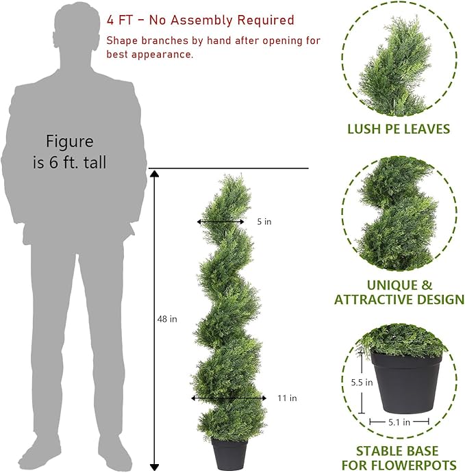 THE BLOOM TIMES 4ft Artificial Topiary Trees Set of 2, 48 inch Faux Cedar Cypress Spiral Topiary Trees Outdoor - Fake Plants for Garden Front Porch Indoor Outside Planter Decor 4 Foot