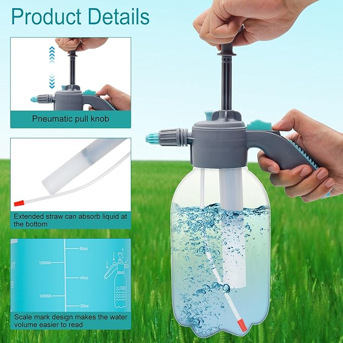 0.5 Gallon Handheld Pump Sprayer, 2L Garden Pressure Sprayer, 68oz Water Spray Bottle with Safety Valve, Adjustable Nozzle, for Watering,Plant Spraying, Home Cleaning, Fertilizing (Sky Blue)